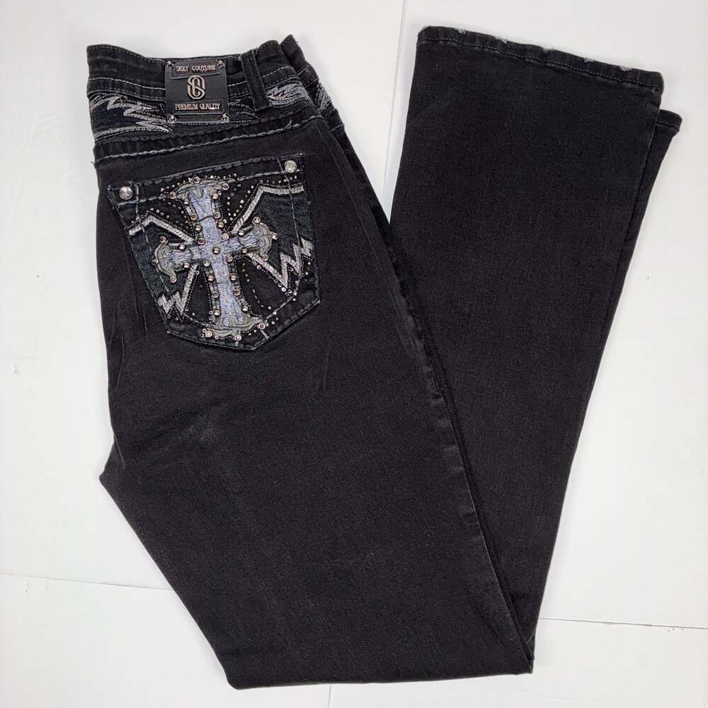 Sexy Couture Women Black Embroidered Cross Wing Rhinestone Bootcut Jeans 9